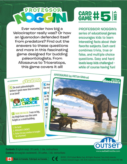 Educational card game for Professor Noggin World of Dinosaurs illustration of sample game card.