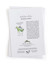 Back of greeting card with species information and range map for the native Quaking Aspen tree, illustrations and text on a white background