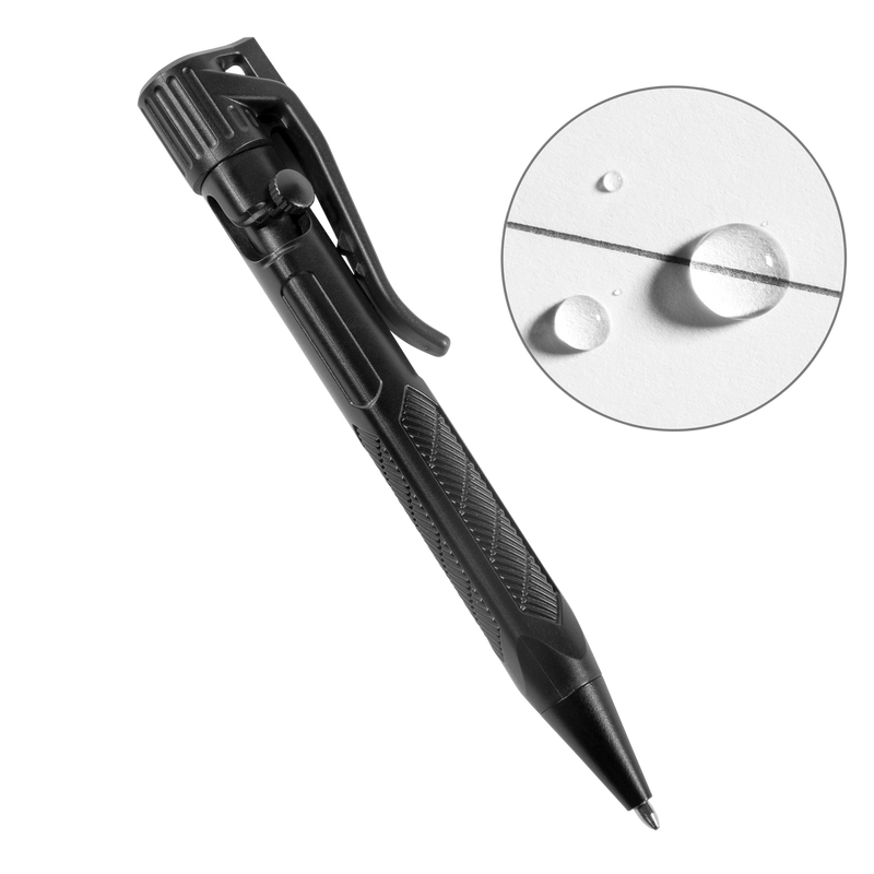 Black pen with a close-up inset showing a droplet on a white background