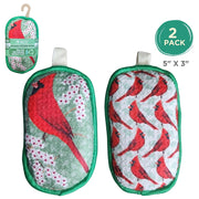Two reusable kitchen sponges with red cardinal designs