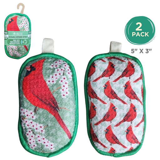 Two reusable kitchen sponges with red cardinal designs