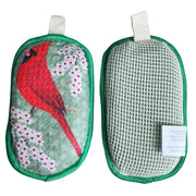Both sides of reusable kitchen sponges, featuring cardinal fabric front and cotton mesh back. 