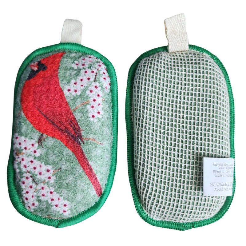 Both sides of reusable kitchen sponges, featuring cardinal fabric front and cotton mesh back. 