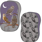 Two reusable sponges with owl designs on a white background