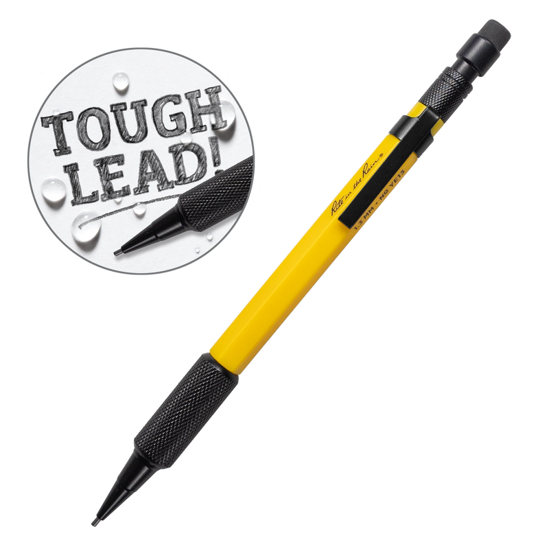 Yellow mechanical pencil with black grip and eraser, featuring 'Tough Lead!' text on a white background.