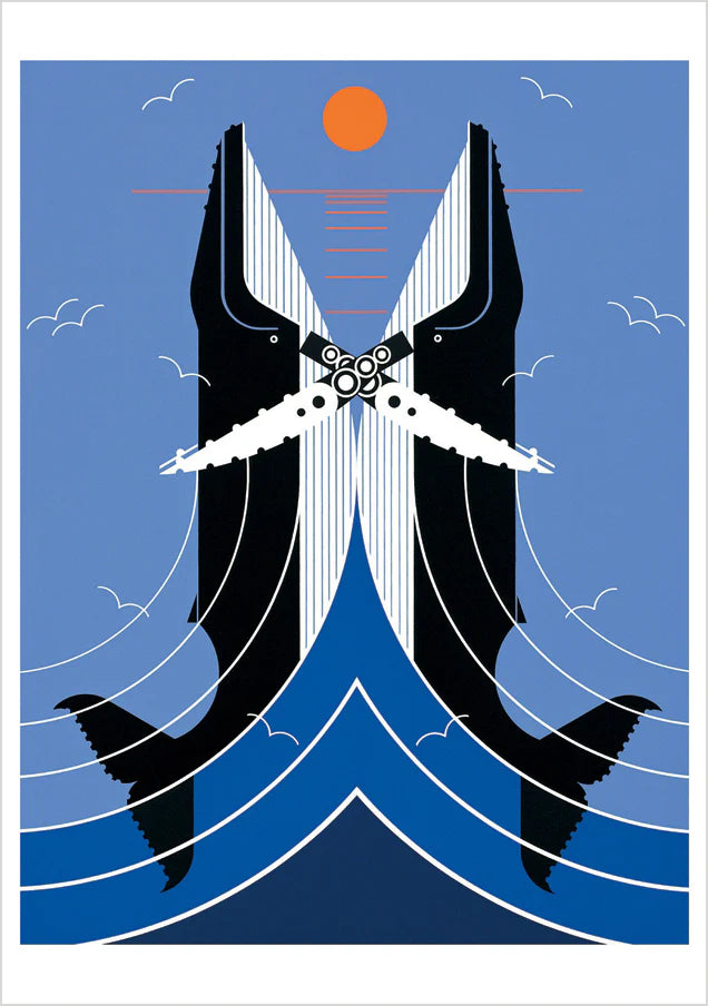 Two stylized humpback whales facing each other with a blue background and sun. Charley Harper artwork.