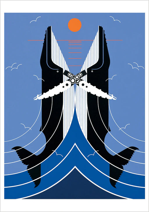 Two stylized humpback whales facing each other with a blue background and sun. Charley Harper artwork.