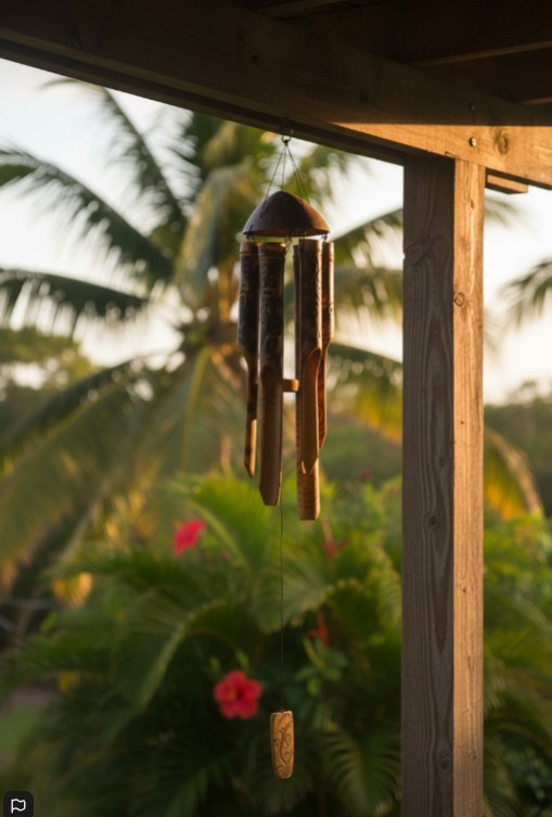 Bamboo Chime - Burnt Swirls hanging from back porch