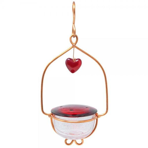 Tweet Heart Lantern Hummingbird feeder featuring a red glass heart pendant and copper fittings