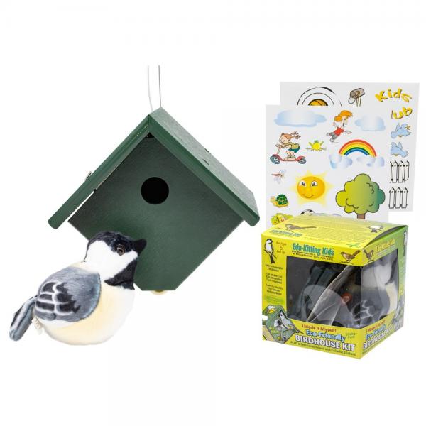 Bird House Kit - showing packaged box, stuffed animal chickadee, bird house and stickers