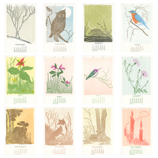 Calendar with illustrations of animals and plants for each month on a white background