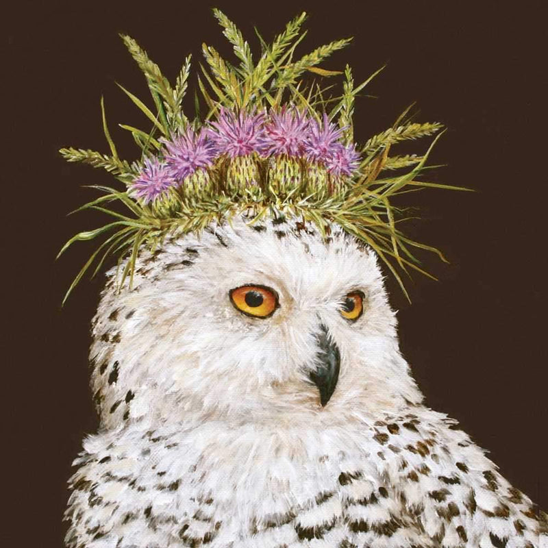 Snowy owl with a thistle bloom headpiece on a dark background