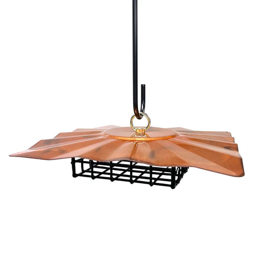 Copper suet upside down feeder with black wire tray on a white background - black hook not included