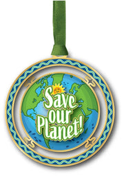 Ornament with earth image and message "Save our Planet!"
