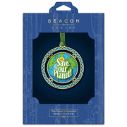 Packaged ornament with 'Save Our Planet' design in blue Beacon Design packaging.