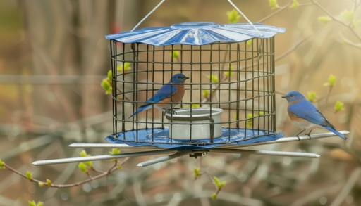 Blue feeder with perch being visited by 2 bluebirds,  soft spring foliage in the background