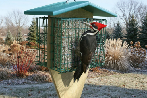 Large double suet feeder with tail prop in a winter garden setting being visited by a pileated woodpecker