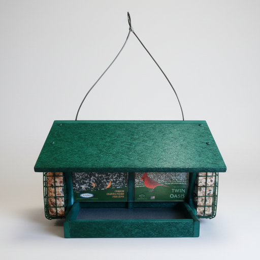 Twin Oasis with suet cages recycled feeder - green - front view