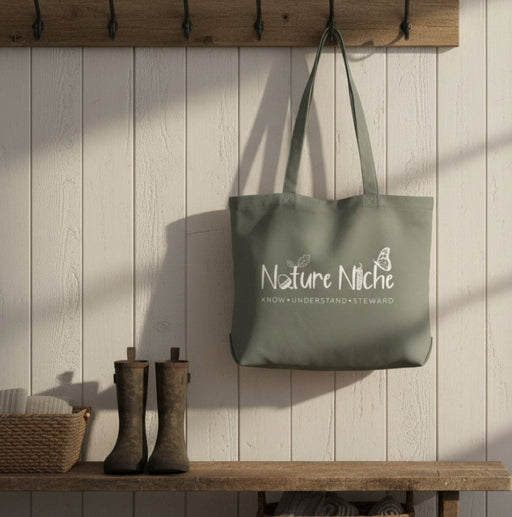Nature Niche Tote Bag hanging on coat hook