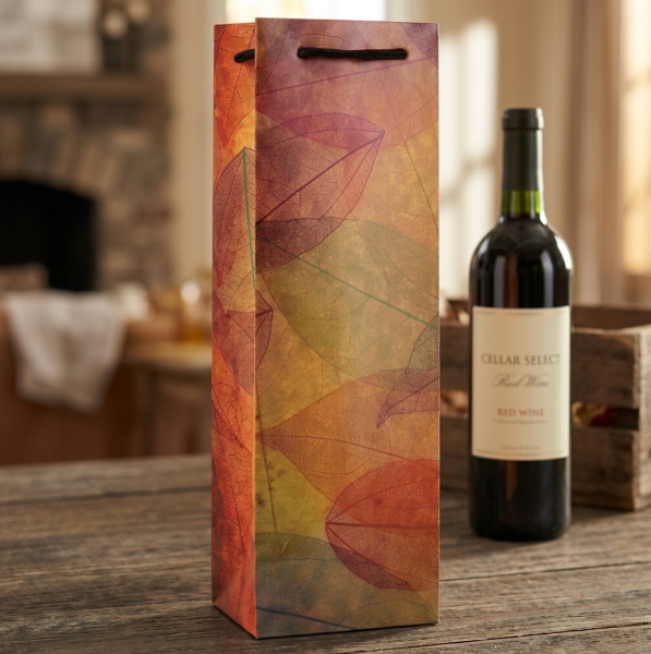 Printed Paper Wine Bottle Bag - Leaves