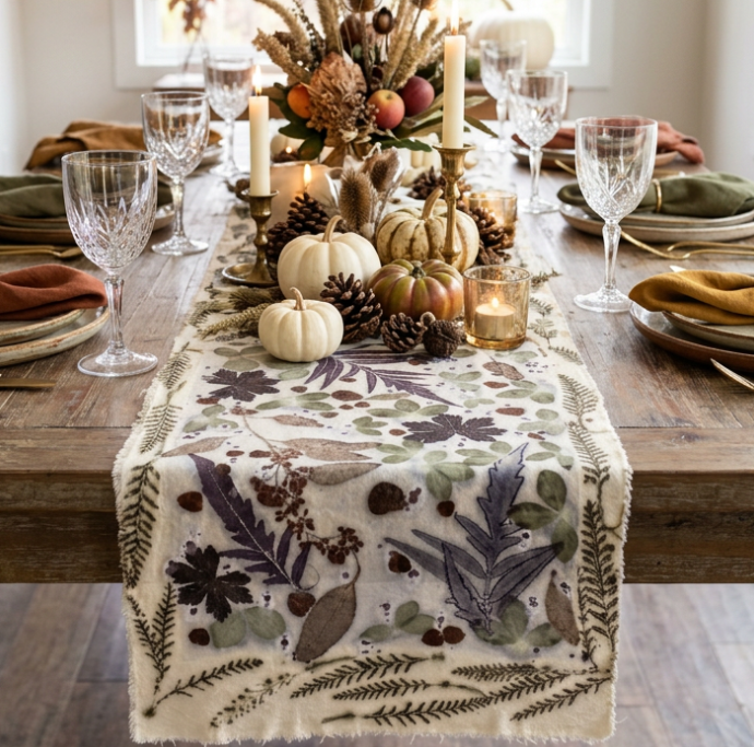 Table Runner Leaves- Silk Noil with No Dye
