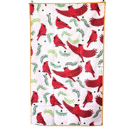 Tea towel with red cardinal bird pattern on a white background