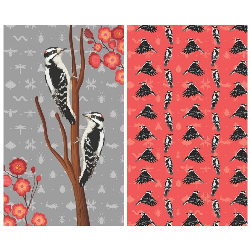 Double sided tea towel - designs  featuring woodpeckers