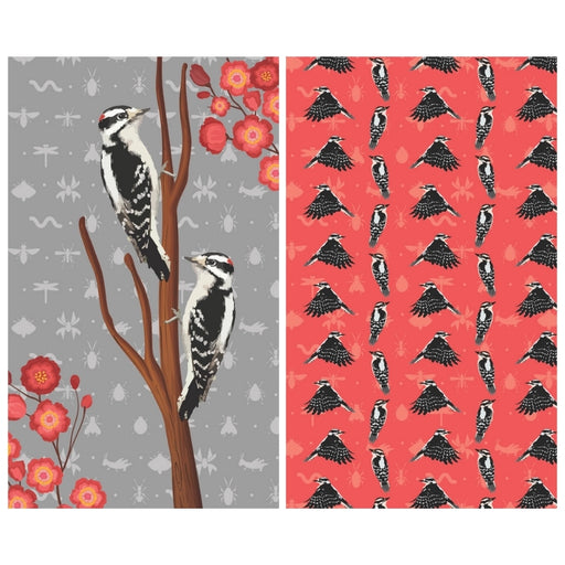 Double sided tea towel - designs  featuring woodpeckers