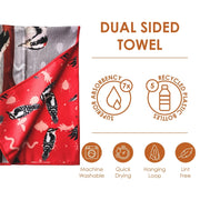 Dual-sided towel with woodpecker design, featuring sustainability icons and text.