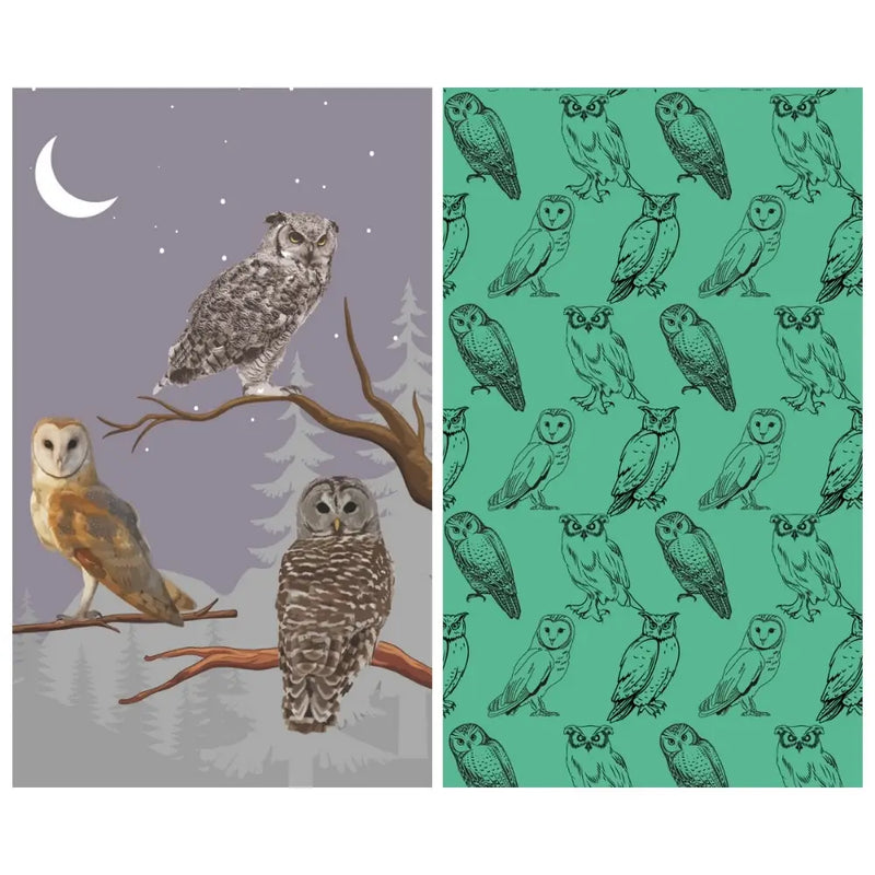 Reversible tea towel featuring owl designs - one side a snowy landscape with owls, and the other has a teal background with a pattern of owls.