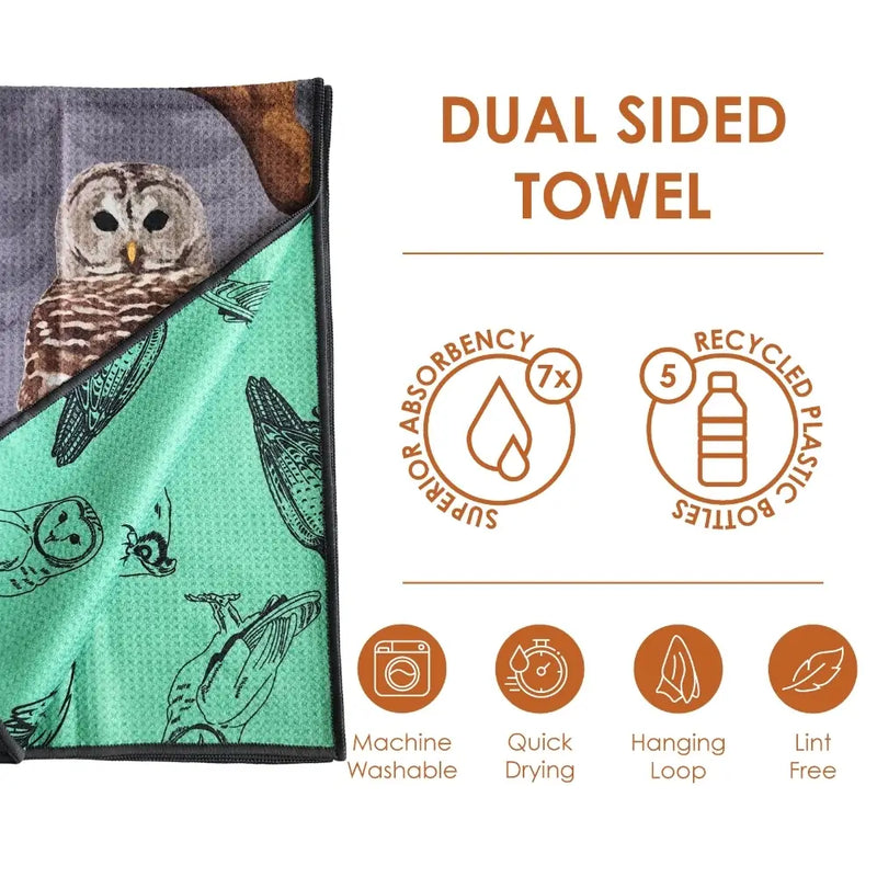 Dual-sided towel with owl designs,  featuring sustainability icons and product marketing.