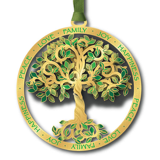Decorative tree ornament with green leaves and gold trunk on white  background.