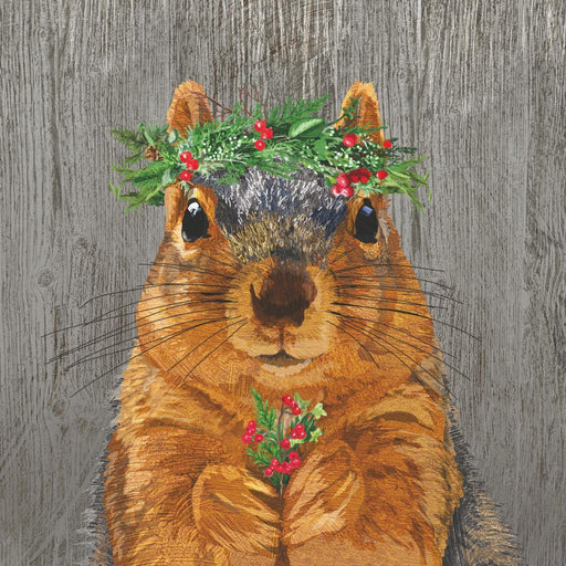 Squirrel with a floral crown and holly leaves on a wooden background