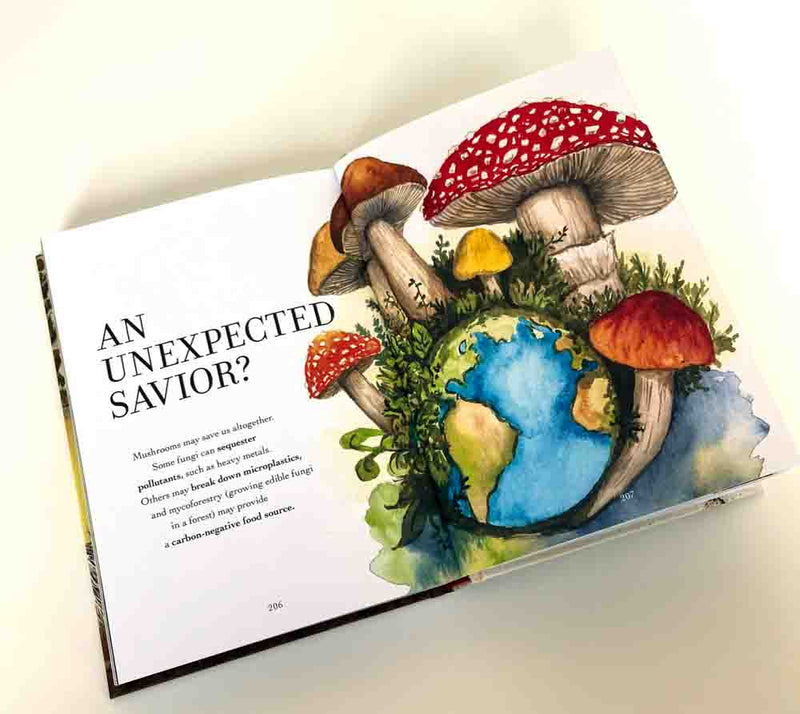 Book open to a page with illustrations of mushrooms and a globe, titled 'An Unexpected Savior'.