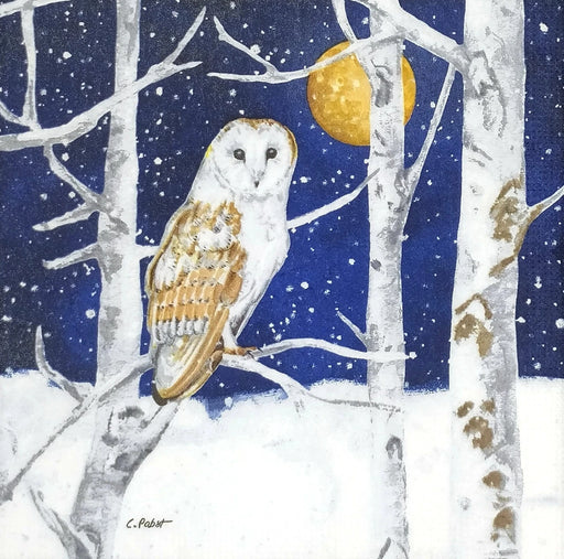 Painting of an owl perched on a branch with a snowy setting and full moon in the background