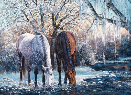 Two horses drinking water from an icy stream in a snowy landscape.