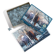Jigsaw puzzle with horses in a snowy landscape, puzzle pieces, on a white background.