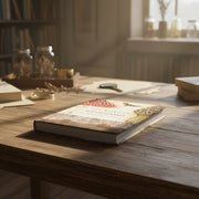 Book cover from side angle of 'The Wonder of Mushrooms' with mushroom and moth illustration on a rustic desk