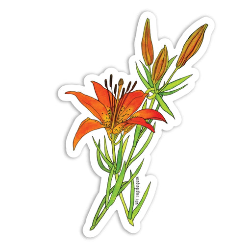 Sticker featuring orange wood lily with green foliage on white background