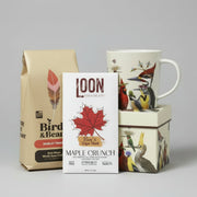 All Occasions Gift Bundle - Maple Milk Chocolate and Dark Roast Coffee includes a maple milk chocolate bar, 12 oz bag of dark roast coffee and a whimsical coffee mug
