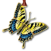 Butterfly-shaped ornament with yellow and blue wings on a white background