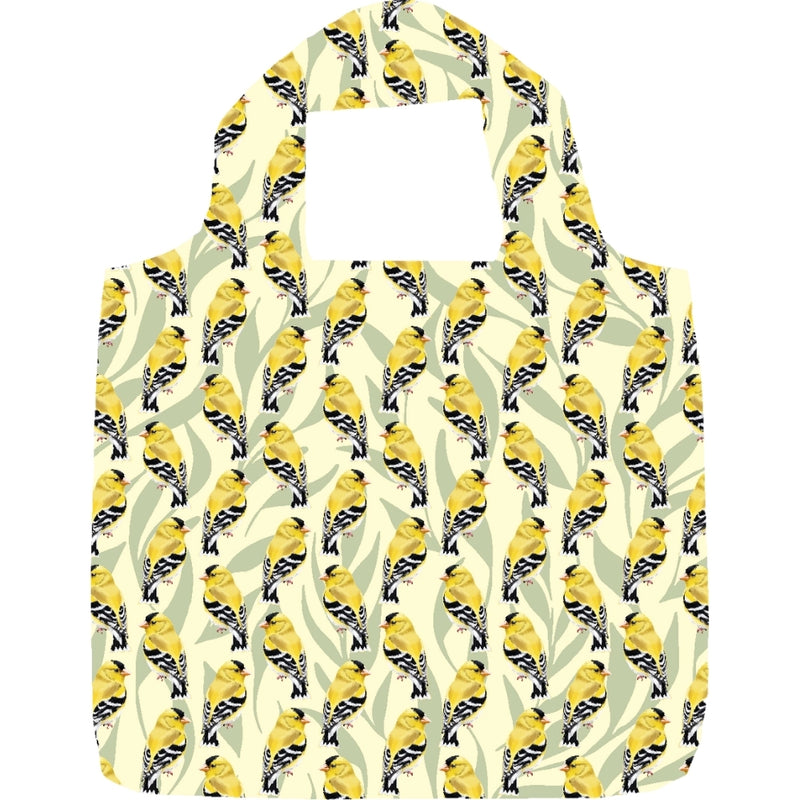 Reusable shopping bag with goldfinch pattern on a white background