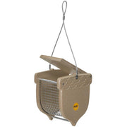 taupe peanut feeder with lid open and white background