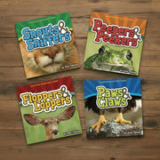 Four book covers featuring animals with colorful text and illustrations.