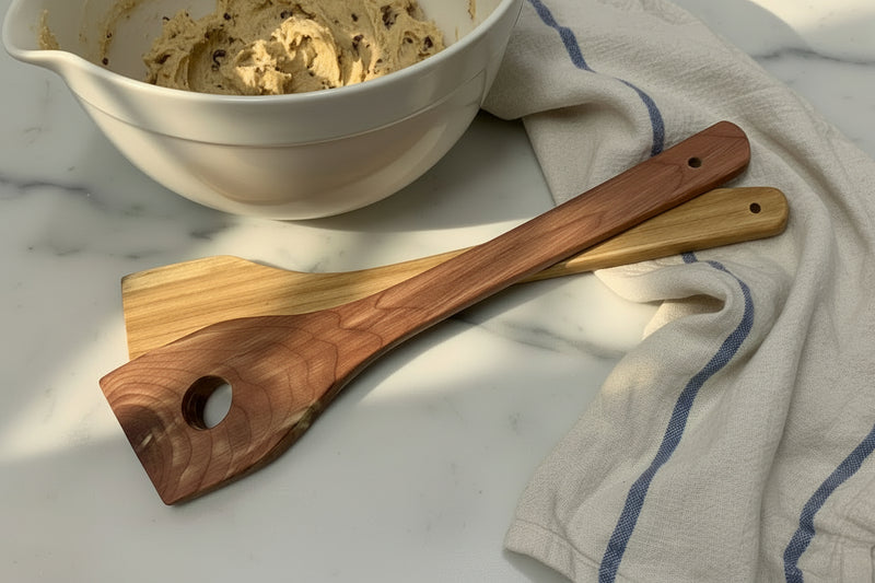 Examples of both a red and white cedar angled spurtle with small hole in handle for hanging.