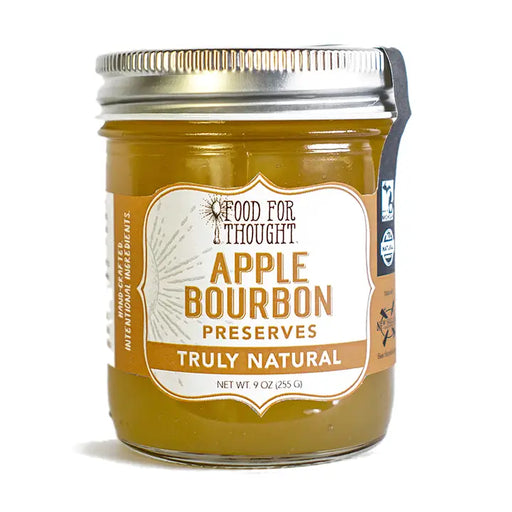 Jar of Apple Bourbon Preserves with a label on a white background