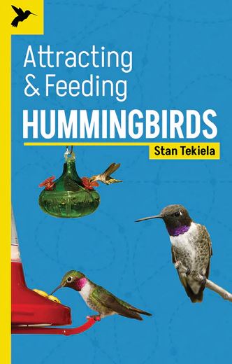 Book cover of 'Attracting & Feeding Hummingbirds' with hummingbirds and a feeder on a blue background.