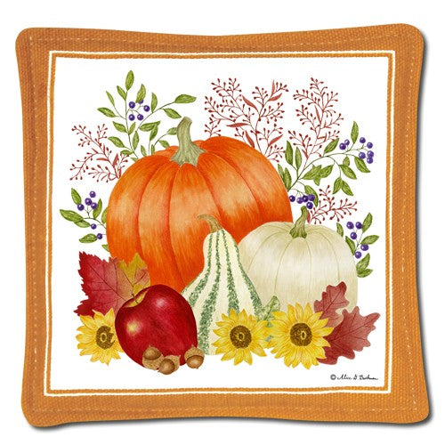 Decorative mug mat with autumn-themed design featuring pumpkins, apples, and sunflowers on a white background.