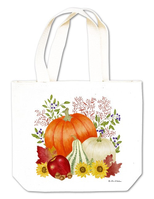 Small tote bag with autumn design featuring pumpkins, apples, and leaves on a white background