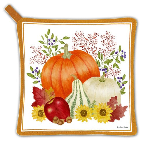 Potholder with pumpkins, gourds, and fall leaves on a white background